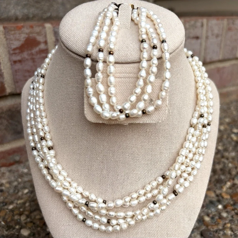 Vintage Faux White Pearl Gold Accent Jewelry Set 5 Strand Necklace‎ & Bracelet